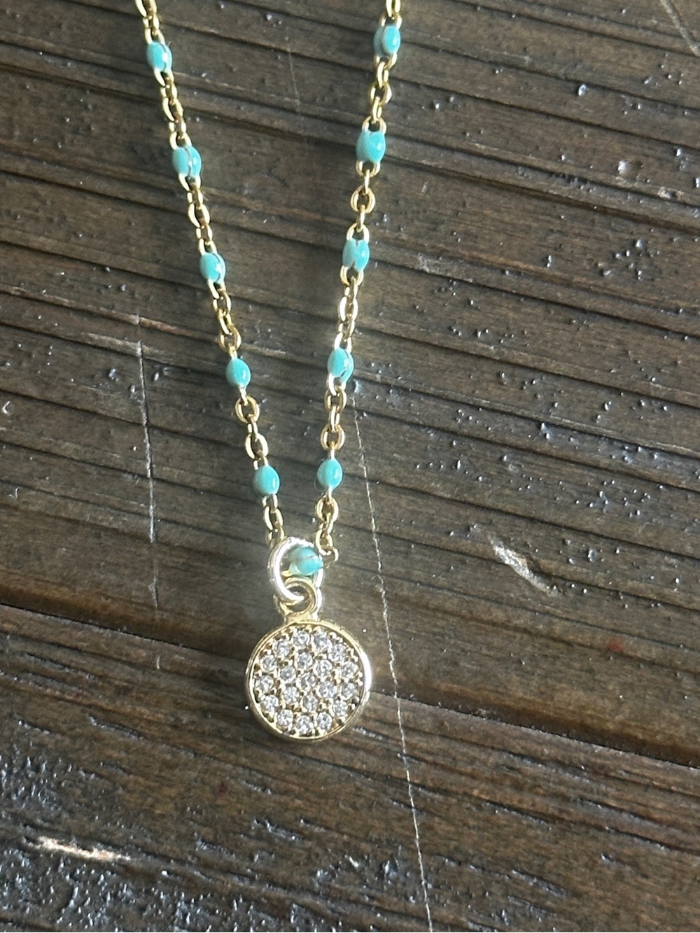 Ashiana LONDON Goldtone necklace w/turquoise beads and rhinestone disc 17-18.5”